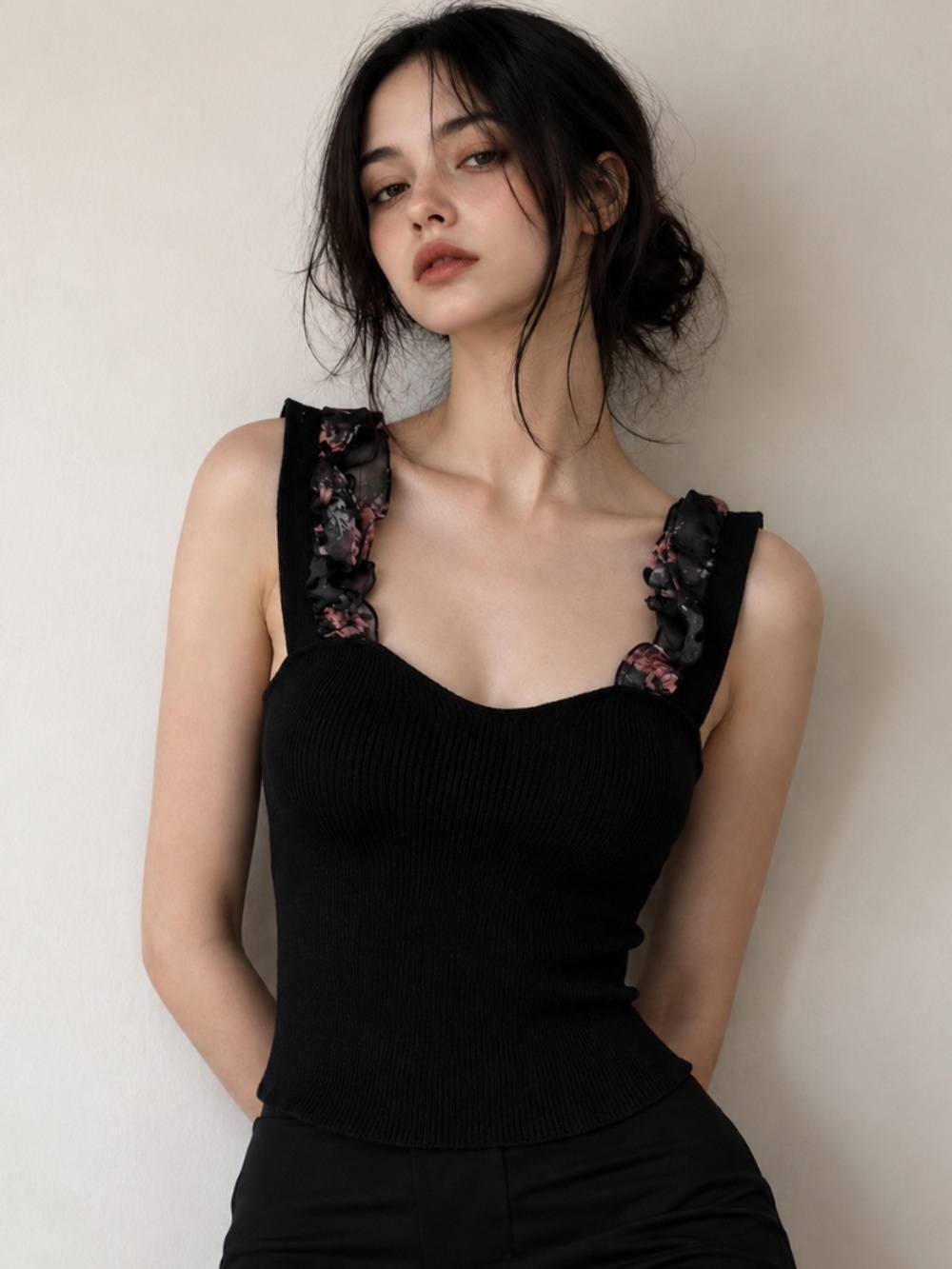 Maeve Black Ribbed Fitted Knit Tank Sheer Floral Ruffle Strap Sz S Dark Romantic